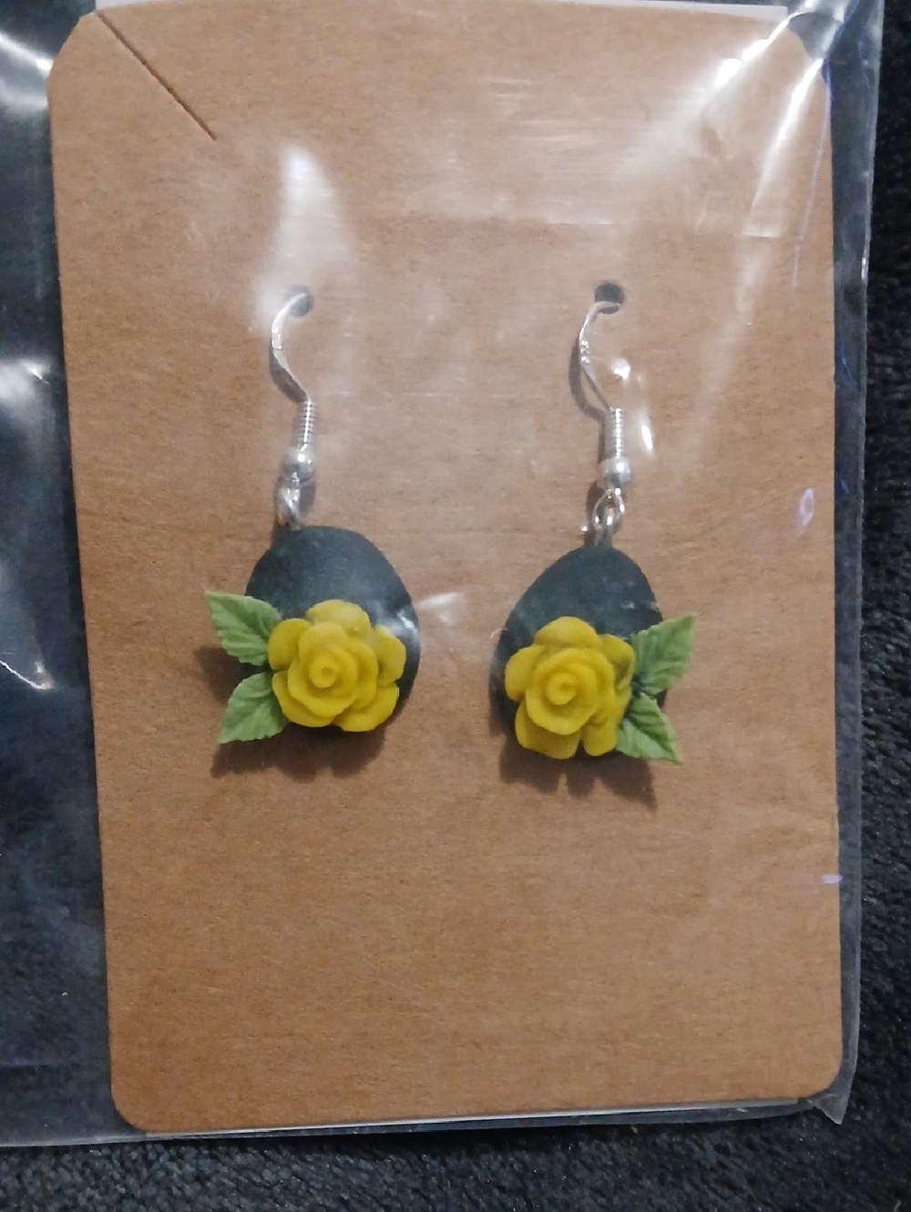 Handmade Yellow Flower Drop Earrings with Green Leaves